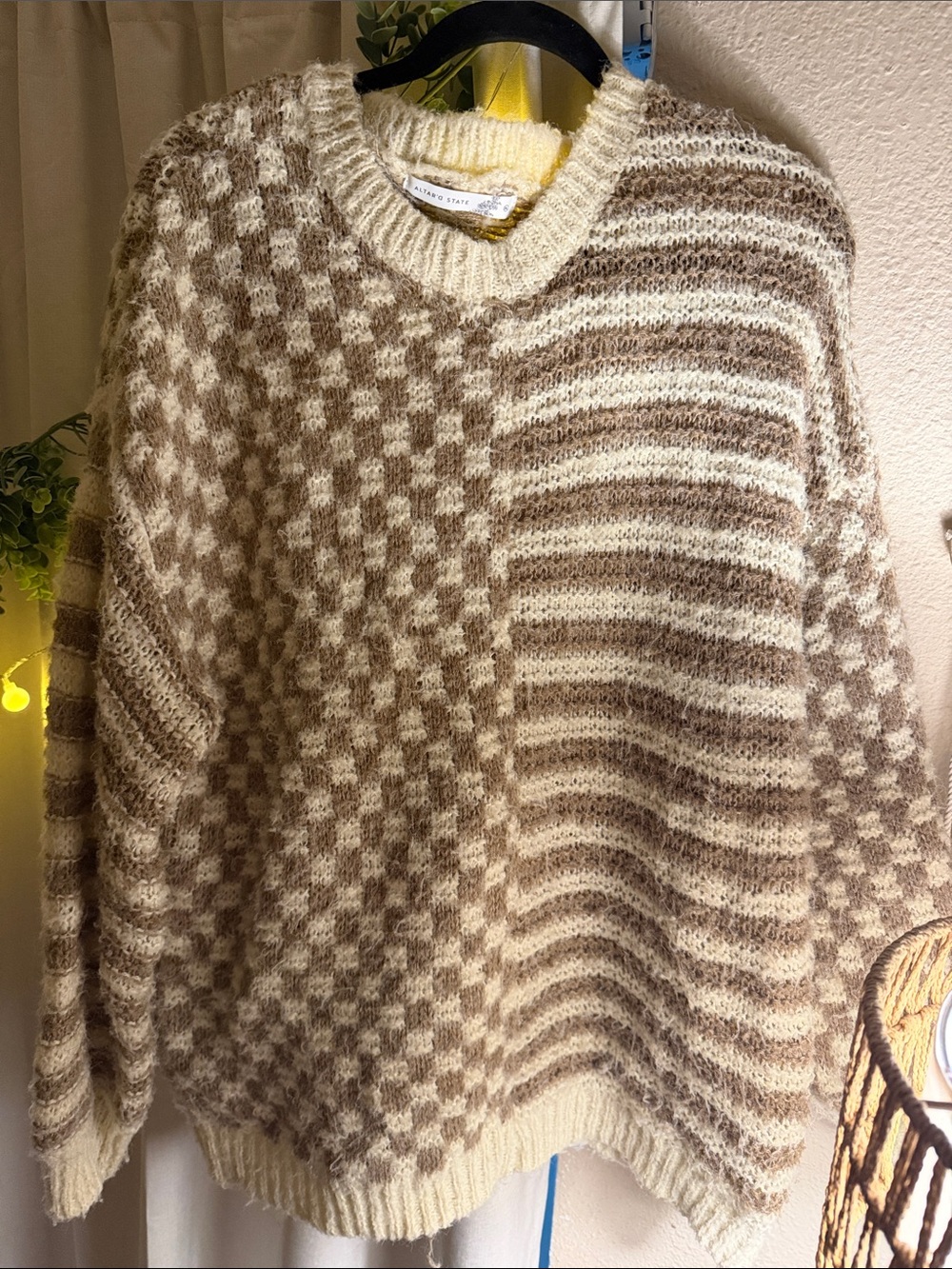 Altar'd State Cream & Brown Checkerboard Stripe Crewneck Sweater